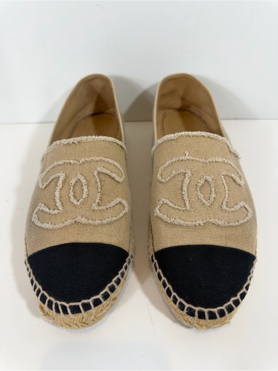 CHANEL Shoes - Chanel Canvas CC Logo Espadrilles - Beige & Black Cap Toe - Size 41 Us 11